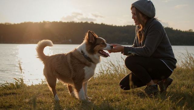 Woman kneeling at lakeside sunset bonding with happy dog on grassy shoreline during golden hour