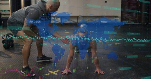 Woman holding plank while coach guiding in gym with digital overlay and fitness analytics