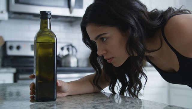 Woman leaning over countertop examining tall olive oil bottle in modern kitchen interior
