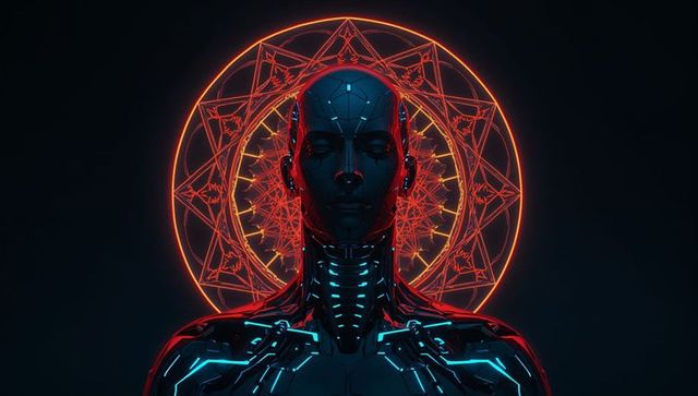 Futuristic cyborg with neon circuitry and halo