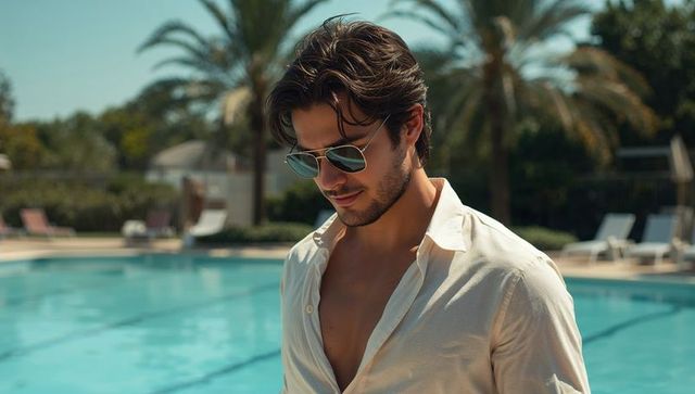 Posing man leaning at resort pool wearing white shirt and aviator sunglasses
