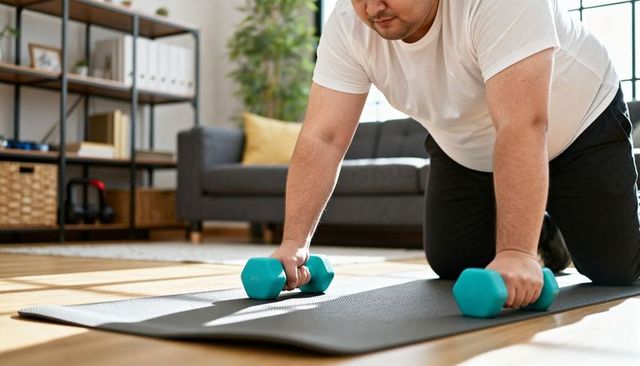 Overweight man doing kneeling dumbbell push-up on sunlit living room mat