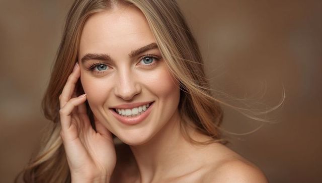 Elegant smiling woman with radiant skin touching face