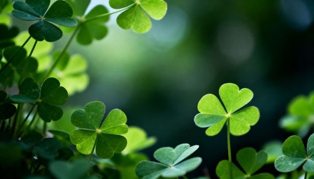 Green clover leaves reaching toward light macro closeup with soft bokeh background