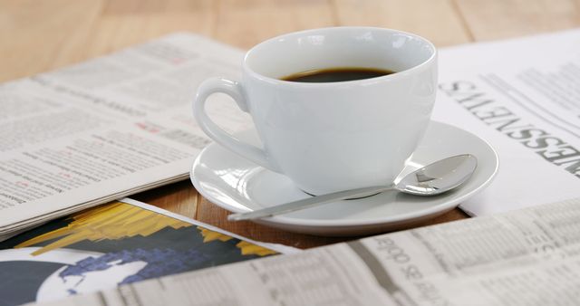 Cup of black coffee on white saucer with spoon, placed on wooden table covered with open newspapers. Ideal for themes involving daily routine, morning rituals, relaxation, and information gathering. Suitable for use in articles, blogs, or advertisements related to coffee culture, news industry, or workday beginnings.