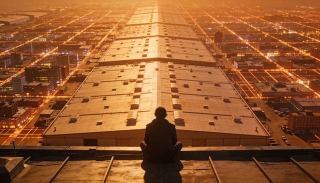 Solitary silhouette on rooftop edge overlooking warehouse rooftop and city grid at dusk