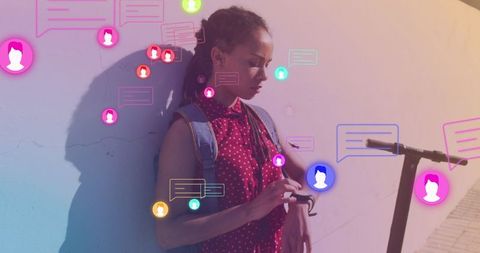 Woman Checking Smartwatch with Colorful Media Icons Overlay