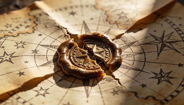 Cracked wax seal resting on aged parchment compass rose, nautical treasure map concept