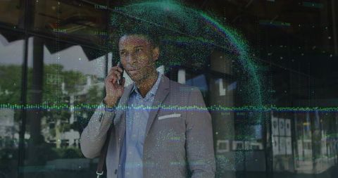 Businessman engaging in mobile communication with digital data overlay