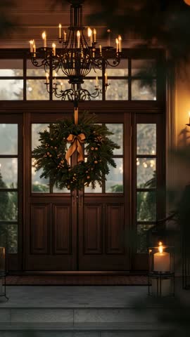 Vertical holiday foyer video capturing chandelier candles casting warm glow on wreath-adorned doors