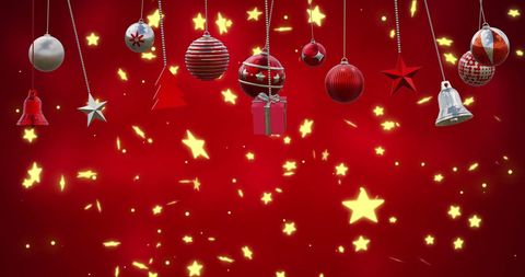 Festive Christmas Baubles with Glowing Stars on Red Background