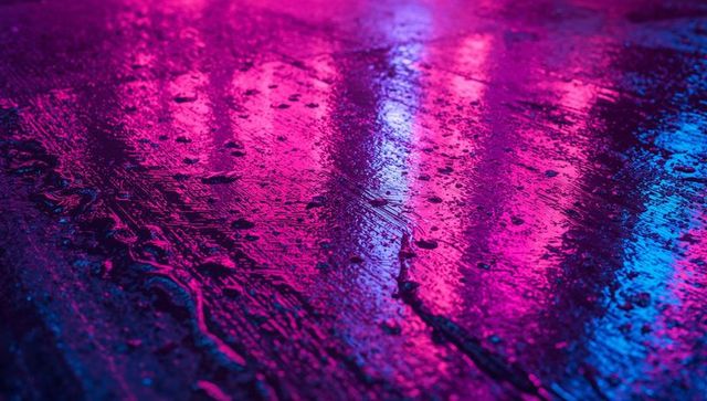 Vibrant neon reflections on rain-soaked urban street