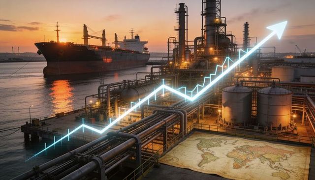 Global energy market rising: oil refinery and tanker at sunset with upward graph