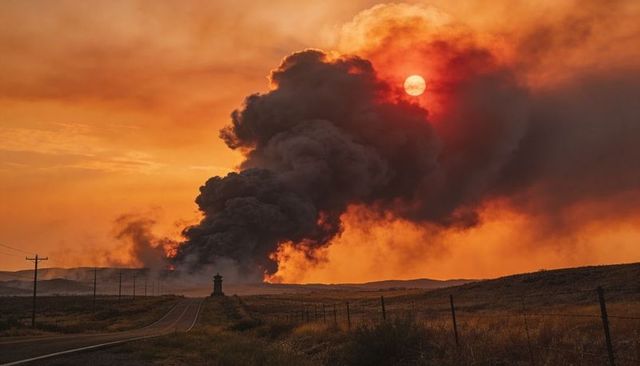 Wildfire smoke plume engulfing rural highway and horizon at fiery orange sunset