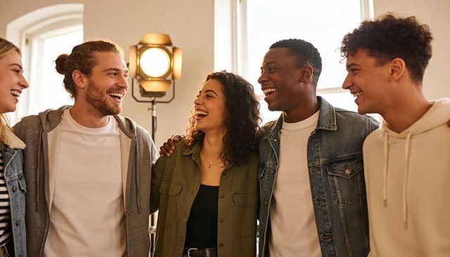 Laughing friends sharing joyful moment in casual indoor group hug with warm natural light