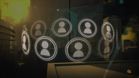 Digital Network Icons Over Cityscape Illustrating Global Connections