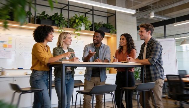 Young diverse team brainstorming around high table in modern office kitchen, taking notes