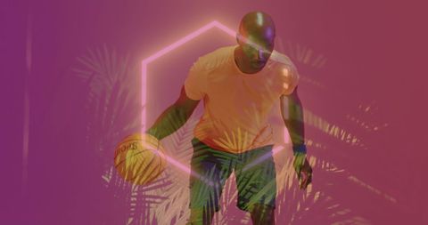 Neon Patterns Overlay African American Basketball Player