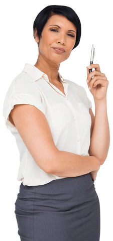 Confident Businesswoman Holding Pen on Transparent Background