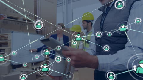 Warehouse Team Connecting with Digital Network Overlay