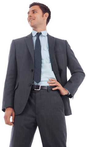 Confident Businessman Standing with Hand on Hip and Smiling