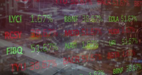 Futuristic Financial Data Overlay on Urban Night Cityscape