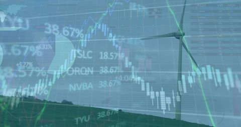 Wind turbine powering renewable energy market overlay with candlestick charts and financial data