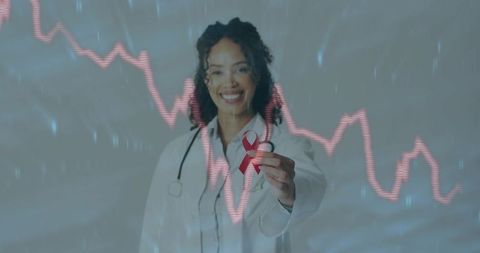 Doctor with red awareness ribbon and ecg background