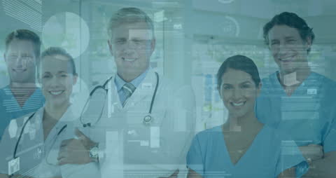 Smiling Healthcare Professionals with Abstract Technology Overlay
