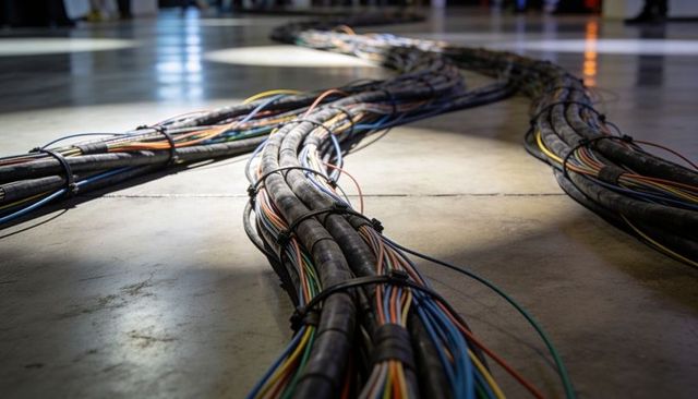 Bundled event cables running across polished concrete floor for broadcast production