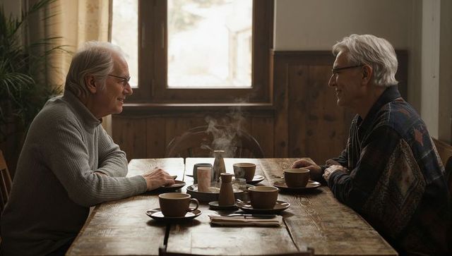 Two senior men chatting over steaming coffee at rustic wooden table in cozy daytime cafe
