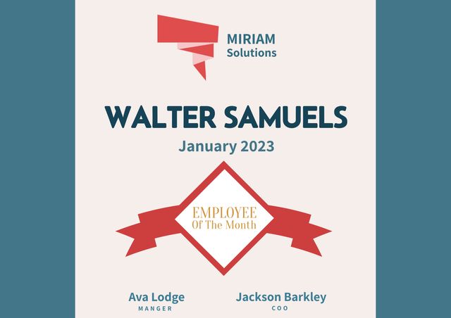 Employee of the Month Award announcement featuring name, details, and company logo. Ideal for corporate newsletters, office decor, and employee recognition pages. Highlights exemplary performance for January 2023 and recognizes individuals who stood out in their roles at Miriam Solutions.