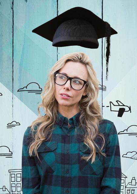 This image features a thoughtful woman wearing glasses, with a digital composition of a graduation cap floating above her head. She is standing against a wooden plank background with creative doodles of buildings, clouds, and a plane, symbolizing imagination and future aspirations. This can be perfect for educational materials, inspiring blog posts about academic success, or motivational content for graduates.