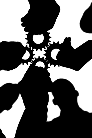 Transparent silhouette of hands with gear elements