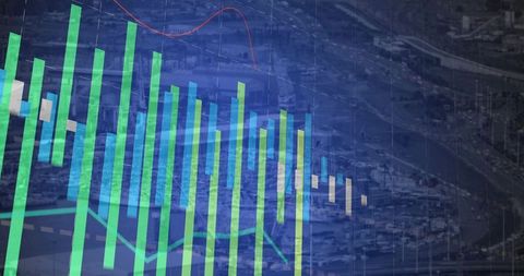 Financial data visualization overlaying aerial port view green blue bar charts and candlestick lines