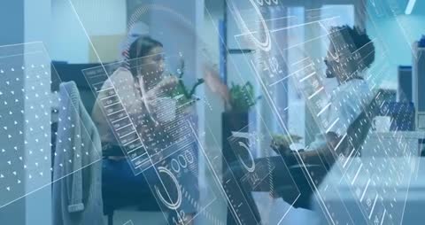 Coworkers Discussing Innovative Ideas with Digital Interface Overlay