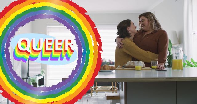 Image depicts a happy couple in a modern kitchen, embracing and displaying affection. The word 'QUEER' is prominently displayed with a colorful rainbow background, indicating LGBTQ pride. This image is perfect for advertising campaigns, social media posts, blog articles, and event promotions centered on diversity, inclusion, and LGBTQ rights.