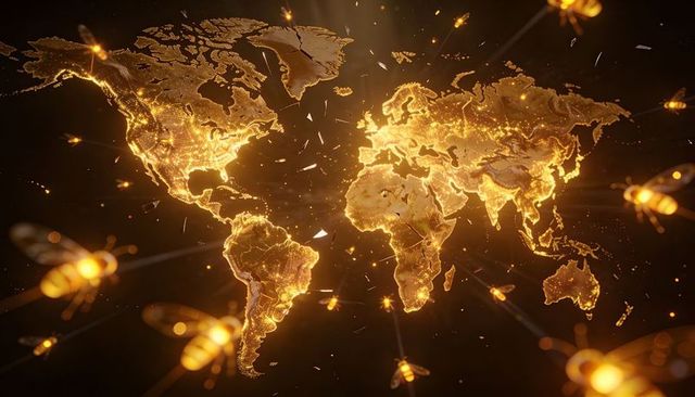 Glowing golden world map showing illuminated cities and drone swarm for global tech branding