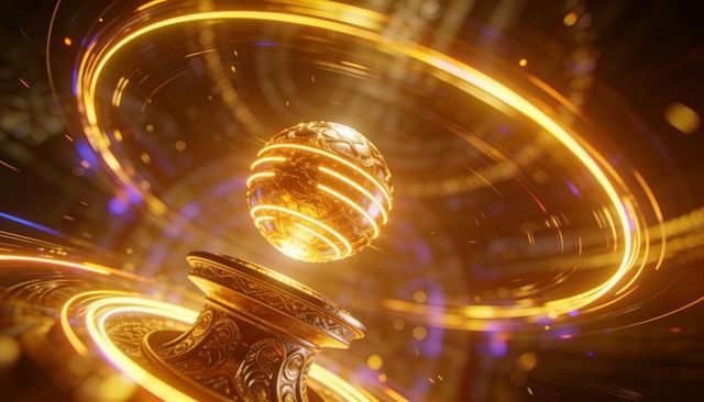 Glowing levitating golden orb rotating above ornate pedestal futuristic energy core