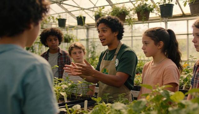 Teaching youth gardening: instructor leading hands-on horticulture workshop in greenhouse