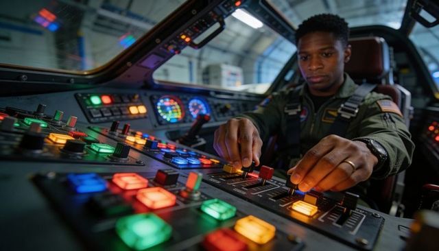 Pilot operating advanced cockpit control panel manipulating levers and illuminated switches