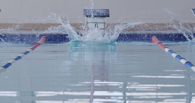 Splash between lanes and diving board at indoor pool, copy space. Competition, training, fitness, exercise, healthy lifestyle, sport, swimming and swimming pool,