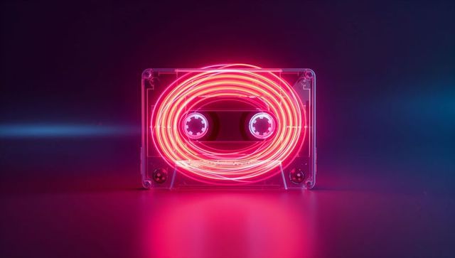 Retro cassette with glowing neon tape in vaporwave style