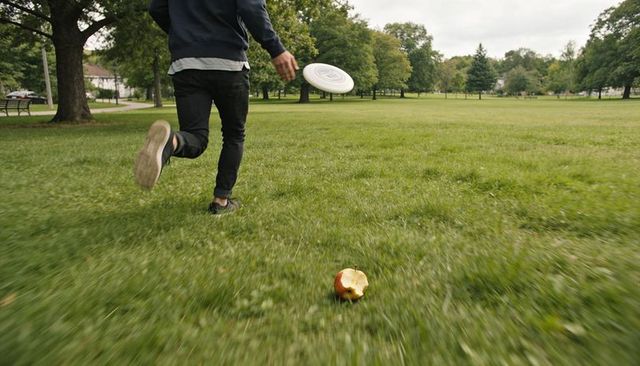 Running man throwing frisbee across urban park with bitten apple in foreground