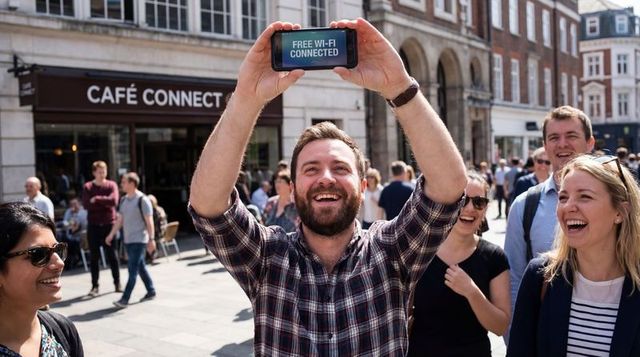 Bearded man raising smartphone showing free wi-fi near cafe connect while friends laughing
