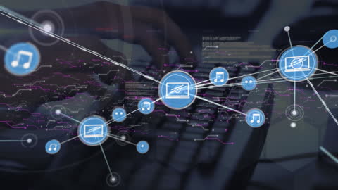 Digital Network Icons and Data Streams Over Keyboard