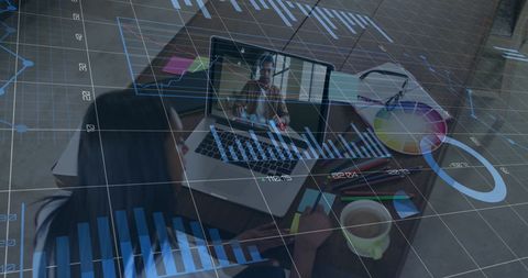 Remote businesswoman analyzing financial data and virtual meeting