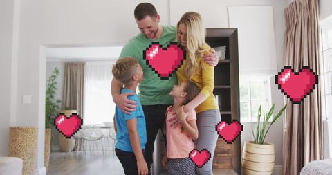 Happy Family Embracing with Animated Hearts at Home