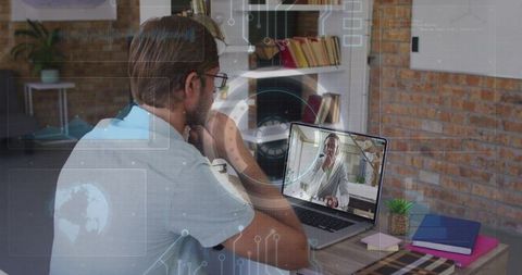 Remote collaboration with augmented HUD overlays, man joining video call from loft workspace
