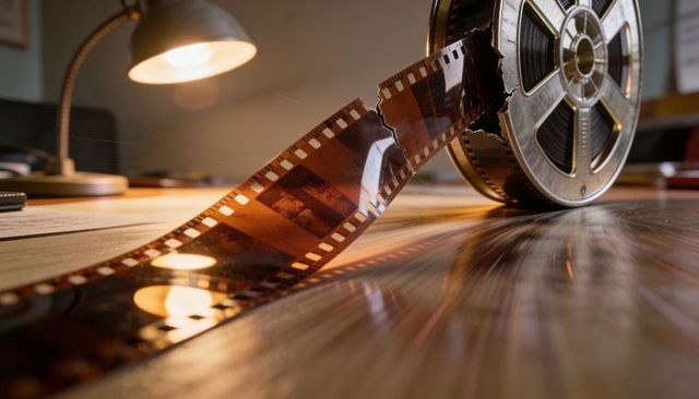 Torn 35mm filmstrip with vintage metal reel on wooden desk under warm lamp light